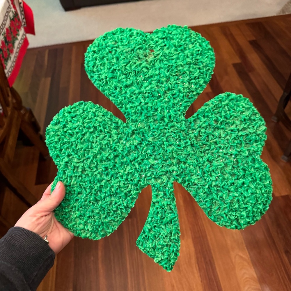 Vintage Clover Popcorn Door  Sign St Patricks Melted Plastic Sign green